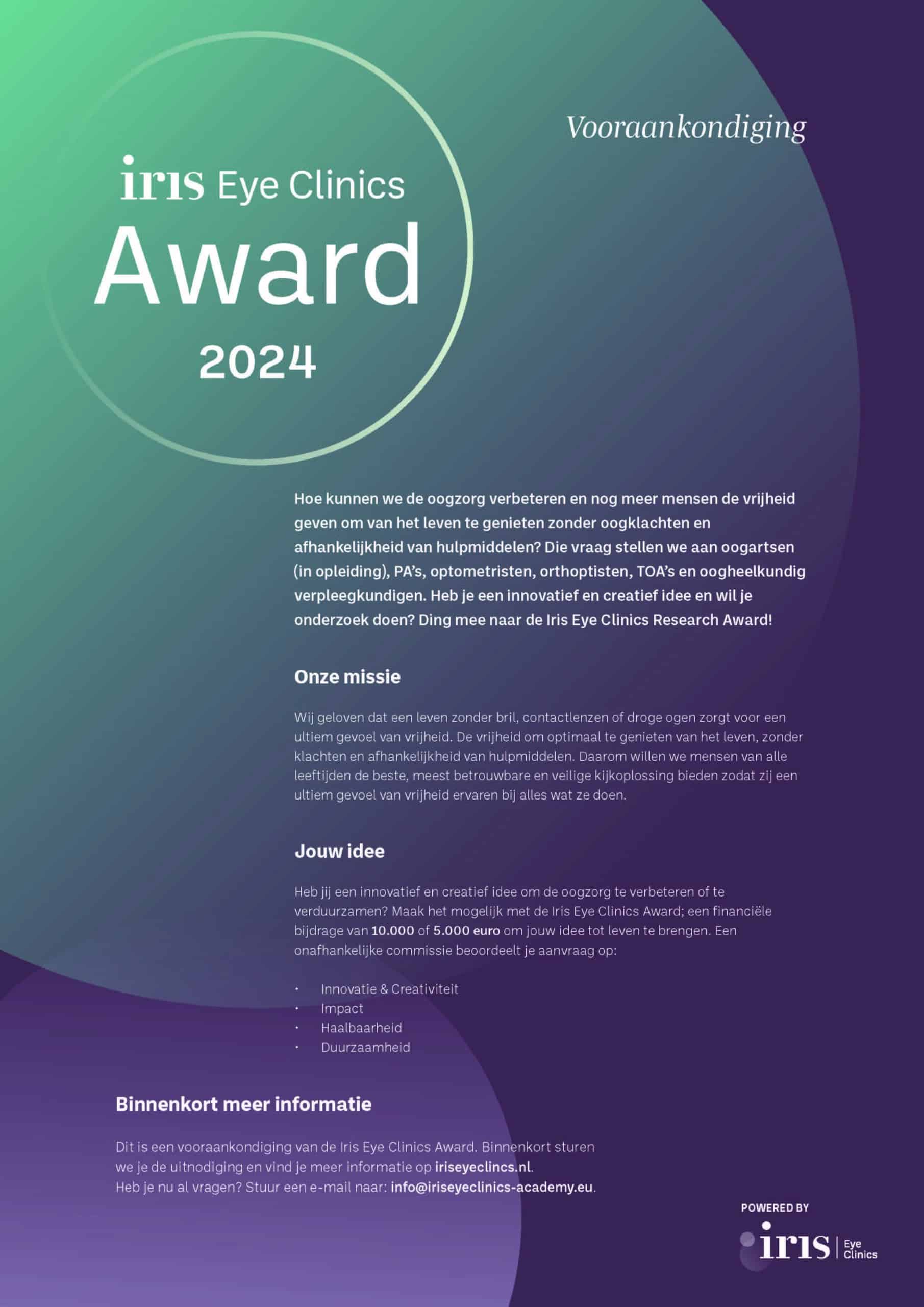 Vooraankondiging Iris Eye Clinics Award Nederlands Oogheelkundig